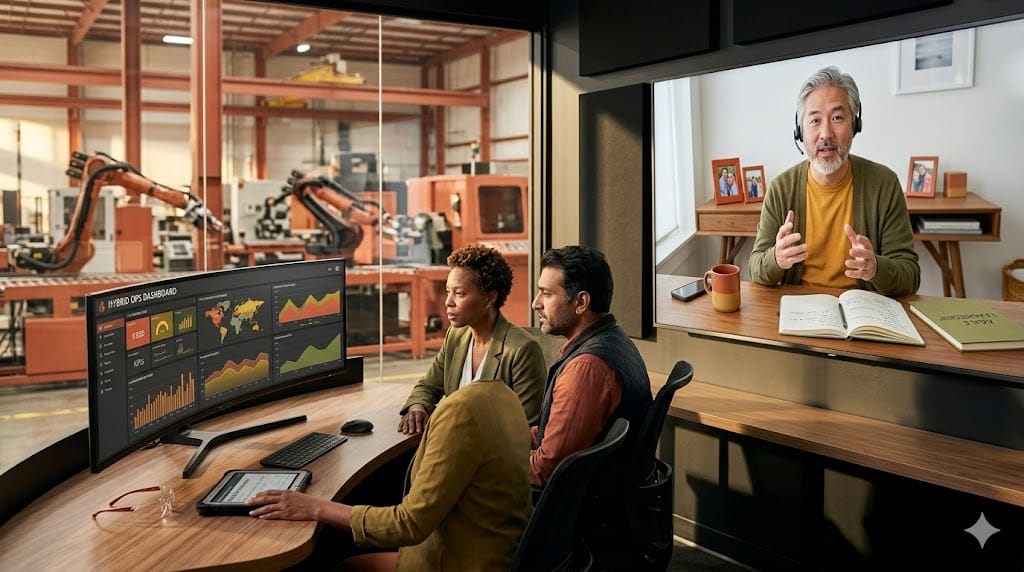 A realistic scene showing manufacturing executives collaborating across hybrid work models, with one leader on a large screen conducting a virtual standup from a home office while two others review production dashboards in a modern factory control room. The split composition emphasizes seamless connectivity between physical operations and remote strategic oversight in an agile leadership environment.