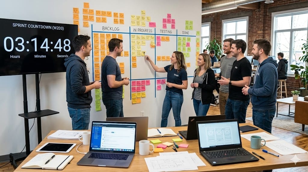 Development team working on agile sprint planning with task board sticky notes and progress charts