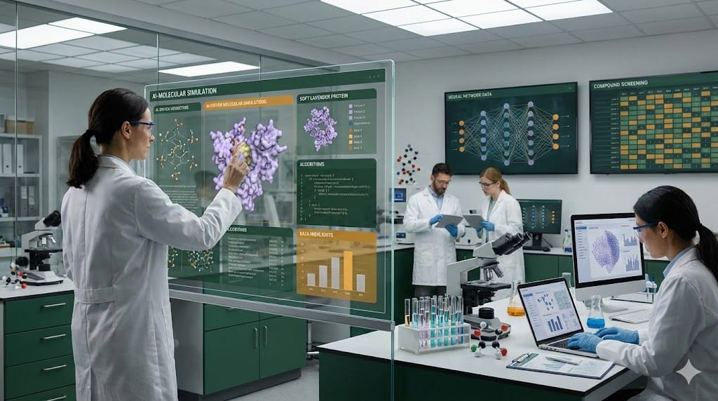 Scientists using artificial intelligence tools to accelerate drug discovery pipelines in a modern pharmaceutical research laboratory.