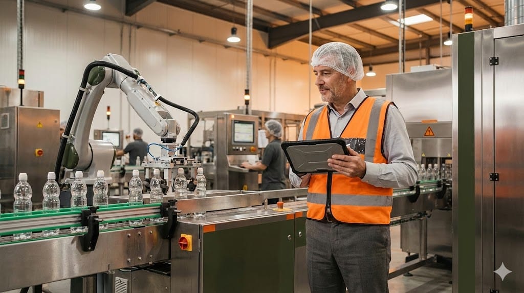 Food production executive reviewing AI-powered automation dashboards inside a modern processing facility with robotic packaging lines operating in the background.