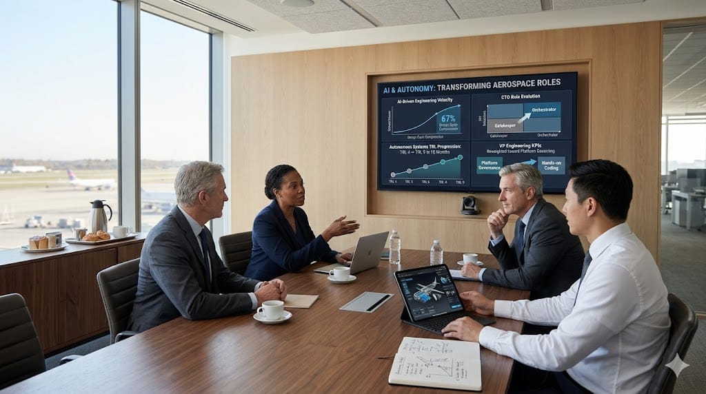 executive team meeting photo showing aerospace leaders adapting to AI transformation, gathered around conference table reviewing autonomy dashboards that redefine CTO and VP Engineering roles in a modern innovation boardroom bathed in natural light.