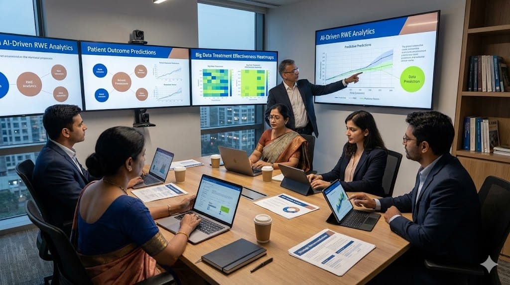 Pharmaceutical executives and data scientists collaborating with AI and big data tools to drive the next generation of real-world evidence leadership