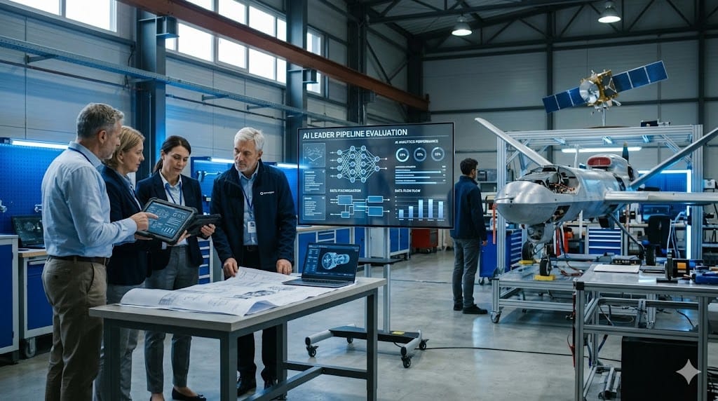 Aerospace leaders reviewing AI analytics and aircraft design data while planning executive talent pipeline
