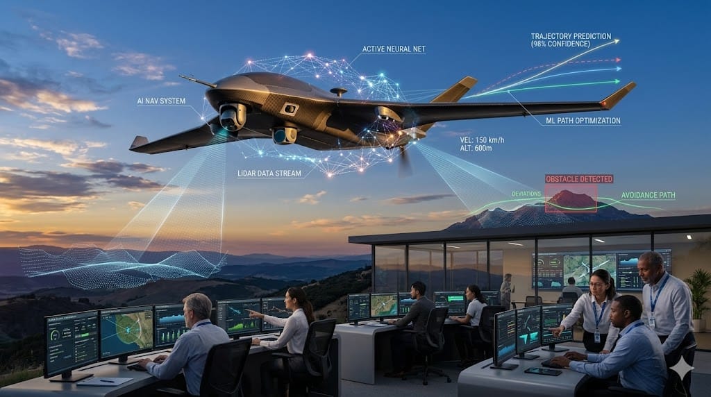 Realistic landscape photo of AI/ML integration in autonomous flight systems, showing a next-generation drone aircraft in flight with visible neural network overlays, data streams processing real-time sensor inputs, and ground control engineers monitoring mission-critical autonomy algorithms.