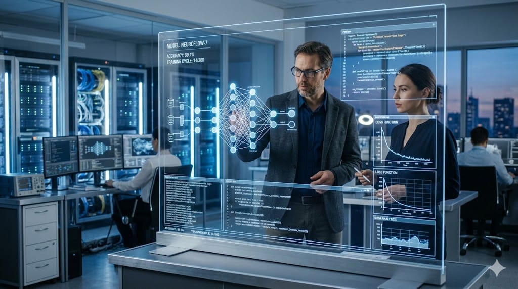 Engineer working with AI and machine learning systems in advanced technology lab