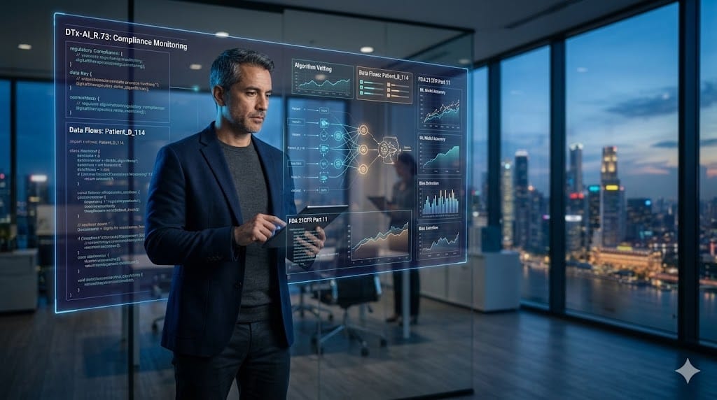 A realistic depiction of a compliance expert analyzing AI-driven regulatory frameworks, symbolizing the intersection of artificial intelligence and pharmaceutical regulation.