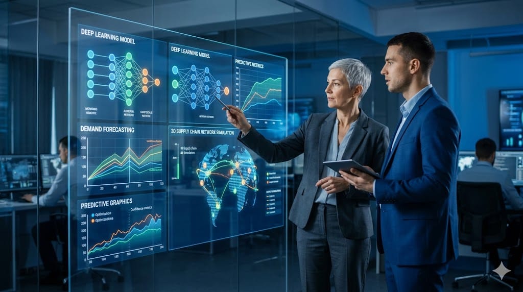 Supply chain executive reviewing AI predictive analytics dashboards while interviewing future technology-focused candidate in modern digital workspace