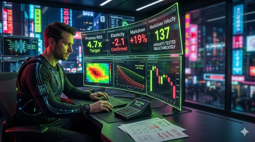 pricing strategist leveraging AI-powered engines for promotional ROI precision, optimizing markdown velocity against elasticity curves in revenue command center.