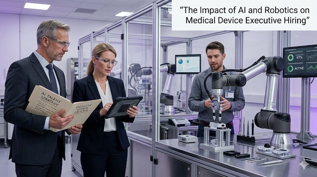 Medical device executives touring an advanced robotics lab while reviewing AI-driven manufacturing systems and discussing leadership hiring strategy.
