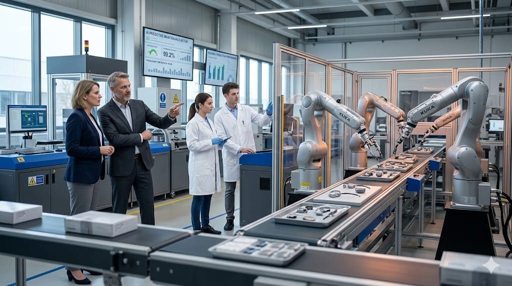 Medical device engineers and executives observing AI-powered robotics assembling devices in a modern manufacturing facility, demonstrating industrial innovation and automation.