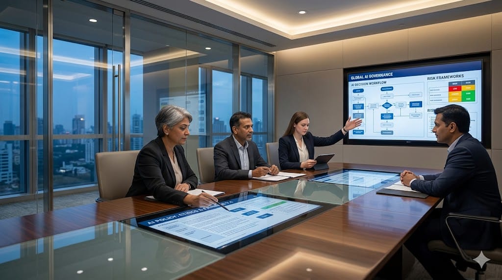 Cross-functional leaders collaborating in an AI governance council meeting with digital strategy and compliance dashboards