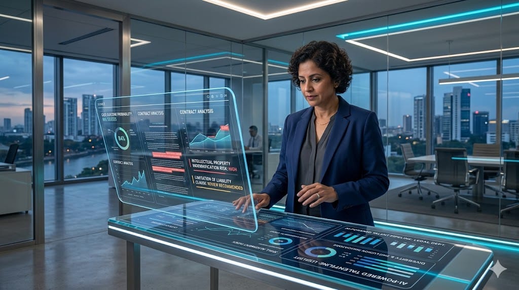 General counsel leveraging AI-driven insights for legal strategy and hiring decisions in a modern corporate environment.