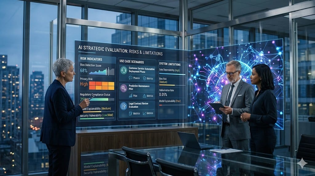 Executives analyzing AI risks, use cases, and limitations through advanced dashboards in a modern corporate setting.