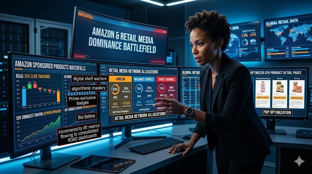 Dynamic digital commerce executive optimizing Amazon retail media campaigns, with Sponsored Products dashboards, ACoS metrics, and CPG brand listings dominating screens in a high-tech war room.
