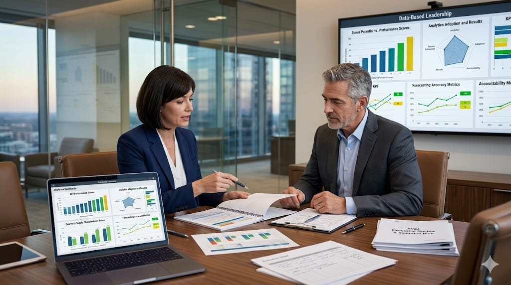Executives reviewing analytics dashboards, KPI reports, and incentive plans in corporate meeting showing performance-driven leadership