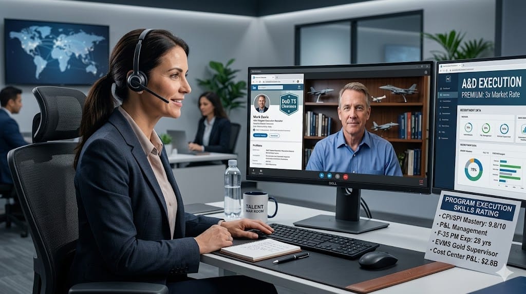 Executive recruiter conducting video interview with rare aerospace program execution specialist, digital screens displaying EVMS mastery credentials and defense program timelines highlighting critical talent shortage.