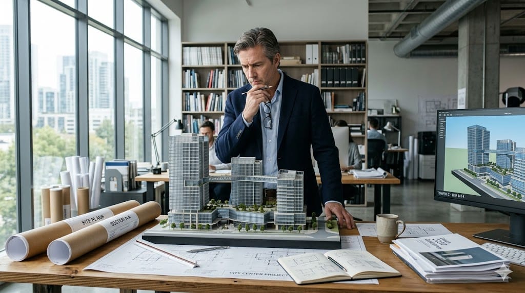Architect reviewing building model and design plans in modern architecture studio