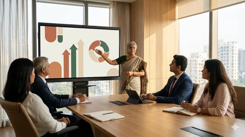 Senior executive presenting a clear business strategy to stakeholders in a modern conference space, illustrating strong articulation of a company’s value proposition.