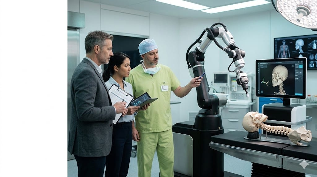 Medical technology leaders evaluating advanced surgical robotics and digital navigation systems inside a modern operating innovation suite.