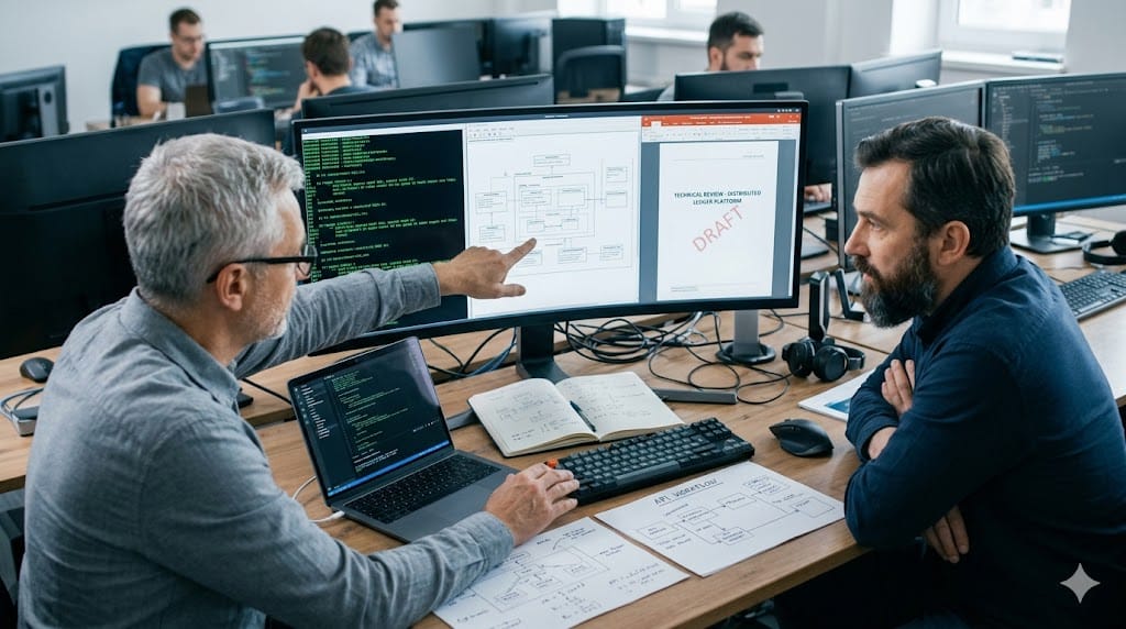 senior engineers reviewing code on computer screen during technical evaluation of leadership candidate