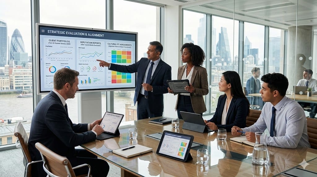 Corporate executives evaluating client portfolios, reputation metrics, and team fit in a modern office, highlighting business assessment and cultural alignment.