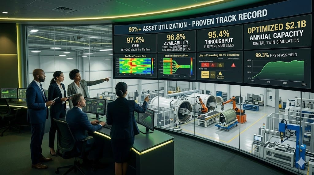 aerospace manufacturing leaders achieving 95%+ asset utilization, showcasing live OEE dashboards with 97.2% overall equipment effectiveness, RTLS tracking of tooling/subassemblies, and production throughput optimization across autonomous machining cells and composite layup systems.