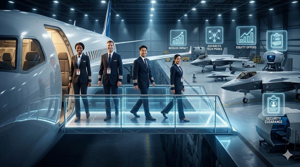 Dynamic landscape illustration of commercial aviation executives transitioning to defense roles, showing pilots and engineers with airline uniforms crossing a bridge from passenger jets to fighter aircraft, with magnetic pull from defense icons like mission briefs, advanced simulators, and patriotic shields in a high-tech hangar