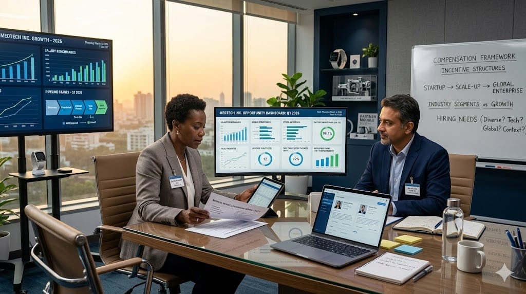 Medical technology company leaders presenting new career opportunities to experienced pharmaceutical professionals in a modern innovation workspace.