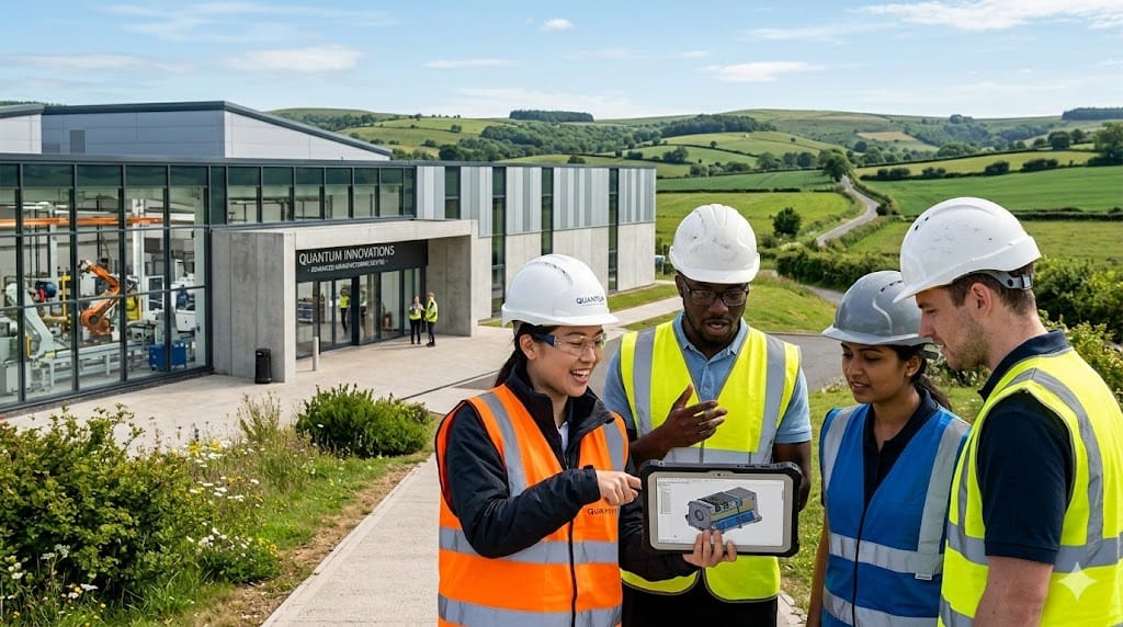 A realistic, eye-level shot of a modern, high-tech manufacturing facility nestled in a scenic, non-urban landscape with rolling hills in the background. In the foreground, a diverse group of young engineers and technicians in safety gear are gathered around a tablet, smiling and pointing at a digital twin of a production line. The lighting is bright and natural, casting a warm, inviting glow that contrasts with the industrial setting. The palette should be a mix of natural greens and blues from the landscape, contrasted with the clean whites and metallic grays of the modern factory and safety gear.