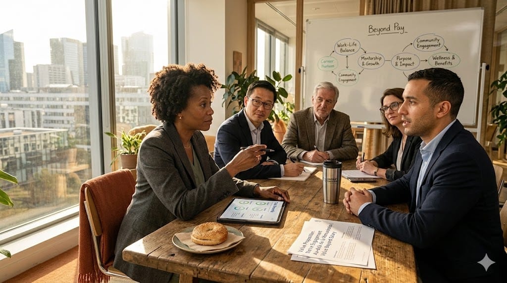 A realistic, eye-level shot of a modern, sunlit executive office where a diverse group of leaders are gathered around a large wooden table. On the table are documents titled "Total Rewards" and "Work-Life Balance," and a tablet displaying "Flexible Work" and "Professional Development." The lighting is warm and natural, highlighting the collaborative discussion. The palette uses warm wood tones, soft grays, and a pop of color from a plant, avoiding cold corporate blues.
