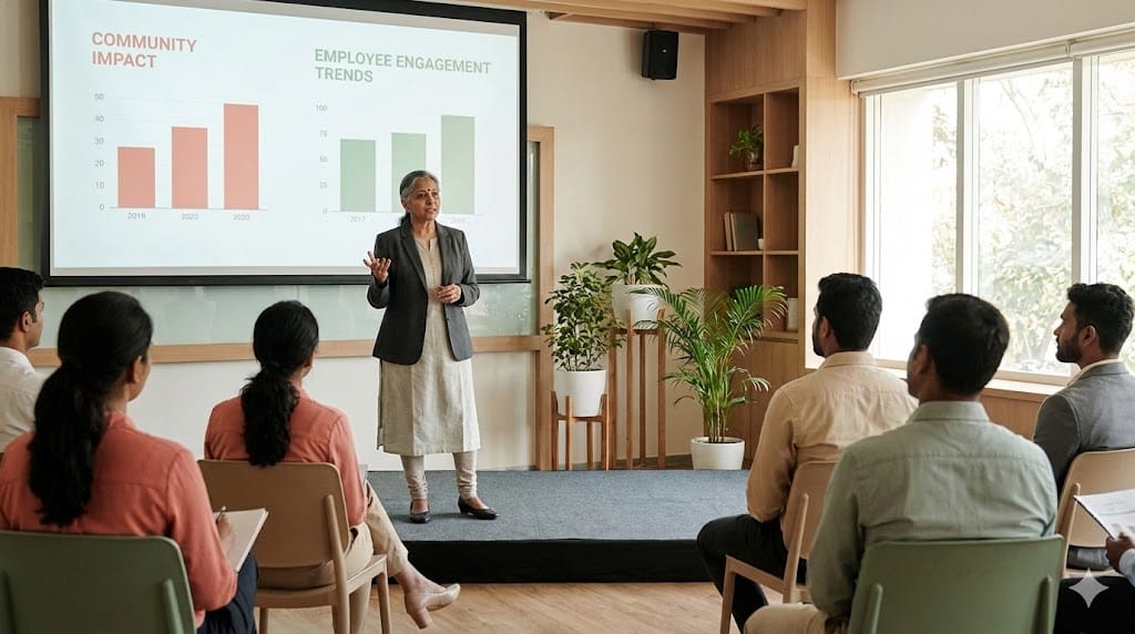 Executive speaking candidly during a company town hall presentation with clear performance visuals displayed behind them, emphasizing transparency and impact communication.