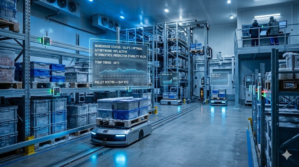 Automated temperature-controlled warehouse with robots, IoT sensors, and AI monitoring system in cold chain logistics environment