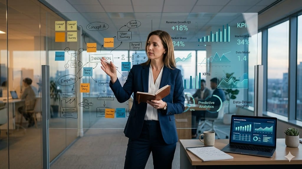 business leader balancing creative thinking and data analytics with charts and sketches on glass board in modern workspace
