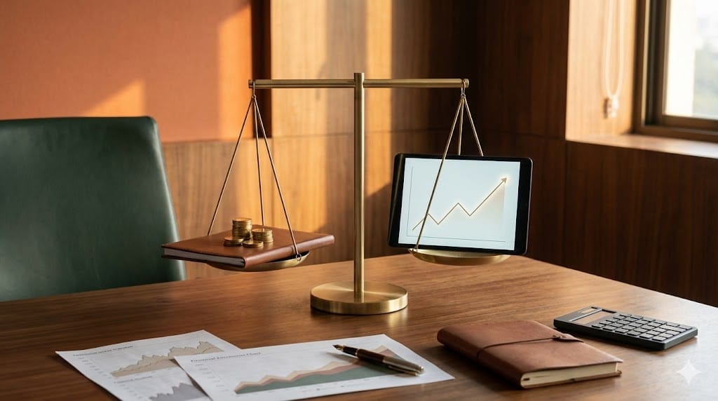 A financial professional reviewing performance charts at a wooden desk with a balanced scale beside investment reports, symbolizing the balance between capital investment and return outcomes.