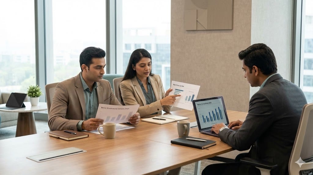HR and finance executives reviewing base salary and bonus benchmark reports across company stages and roles in a modern corporate office, analyzing trends for strategic compensation planning.