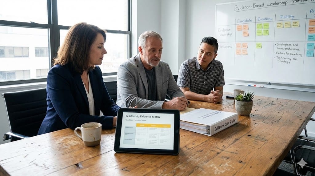 Realistic executive search scenario where a hiring manager conducts a behavioral interview, using a tablet to review a candidate's portfolio of evidence. The scene features a candid office setting with natural lighting, a wooden desk with physical files and a coffee cup, and a whiteboard in the background showing a hand-drawn "Evidence-Based Leadership" framework, emphasizing a realistic, documentary-style photograph rather than a digital illustration.