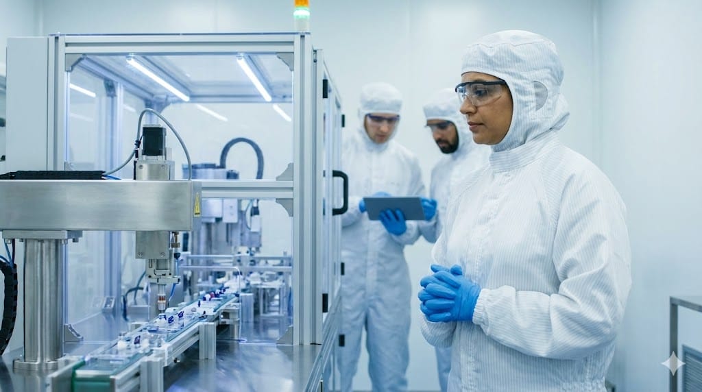 Medical device leader observing a high-precision production line while collaborating with engineers in a cleanroom environment.