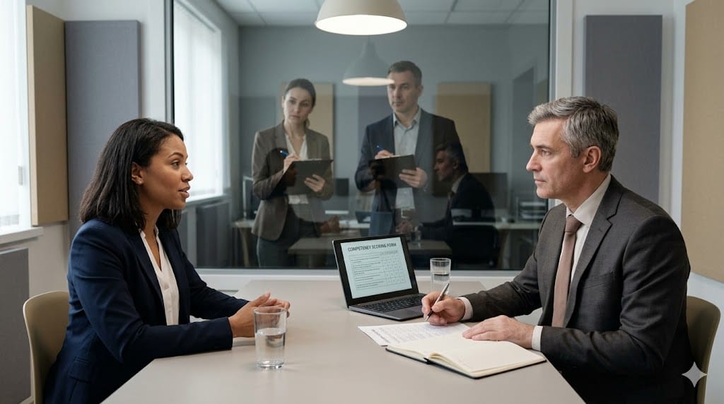 Candidate answering behavioral interview questions while evaluators observe decision-making assessment