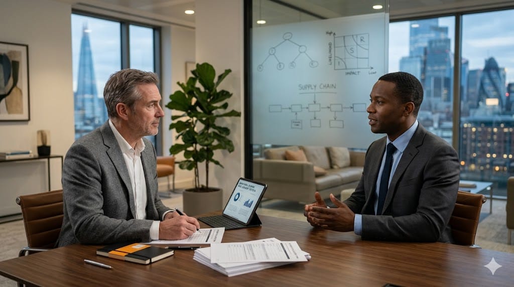 Executive behavioral interview assessing risk judgment with recruiter observing responses, taking notes, and reviewing evaluation criteria in a professional office setting