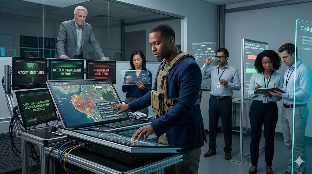A group of professionals assessing a candidate’s decision-making in a live strategic simulation, illustrating behavioral interviews testing strategic instincts