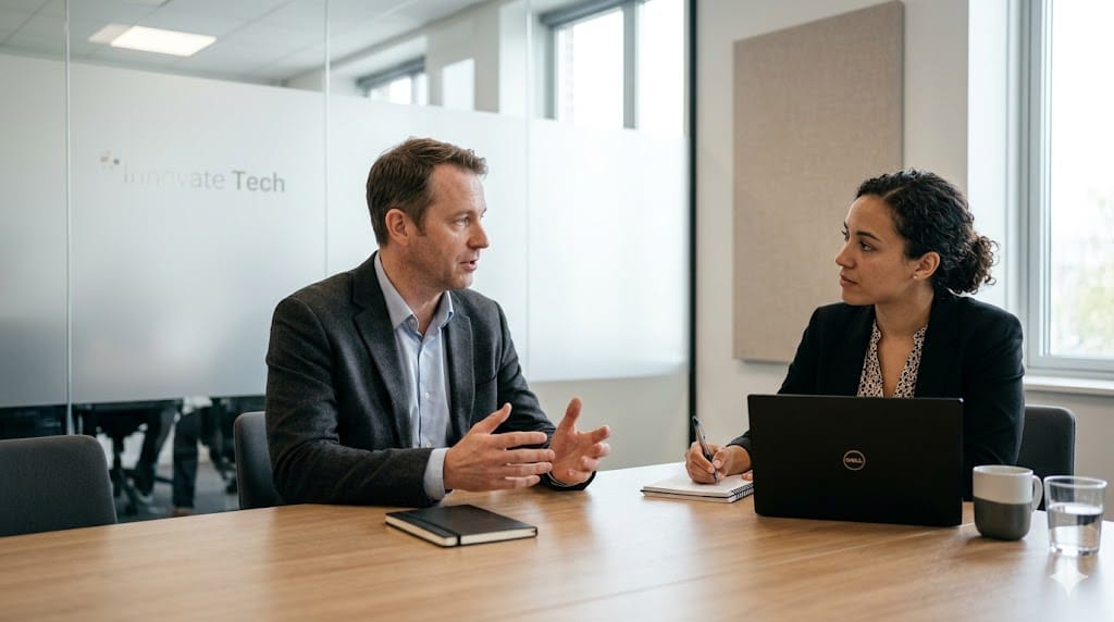 job candidate explaining past technical decision during behavioral interview in professional office
