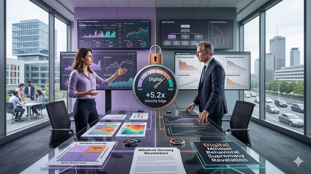 split-scene contrasting behavioral signals of digital versus traditional retail mindsets, showing experimentation velocity against hierarchical decision patterns.