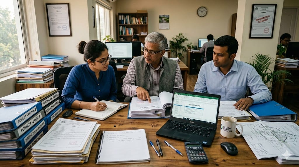 engineers reviewing project permits and bidding documents in office representing public sector engineering work