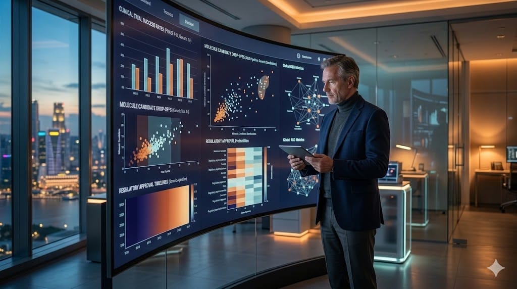 A realistic image of a sophisticated data dashboard displaying biopharma R&D statistics, illustrating the reality of drug development through complex visualizations.