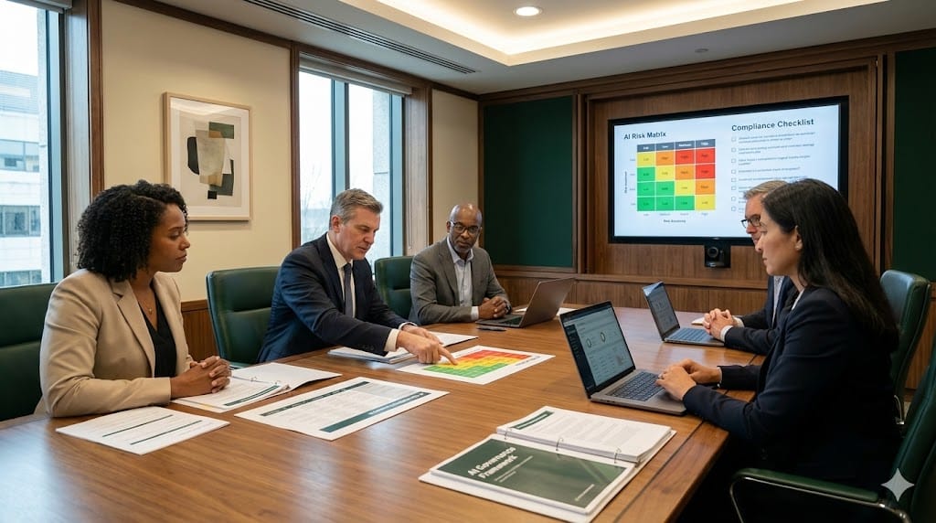 Corporate board members reviewing AI strategy documentation and risk dashboards during a formal governance meeting in an executive conference room.