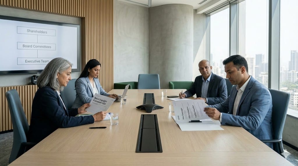 Independent board directors engaged in strategic governance discussion in a modern glass-walled meeting space, reflecting post-founder era leadership evolution.