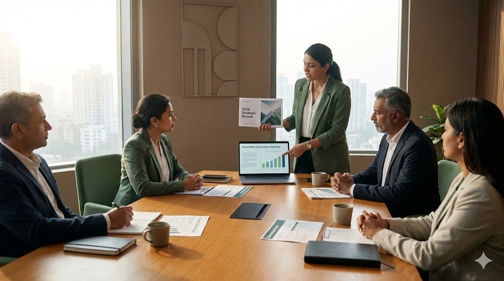 Board of directors meeting in a modern corporate office, reviewing strategy, financials, and shareholder expectations for 2026, highlighting governance and accountability.
