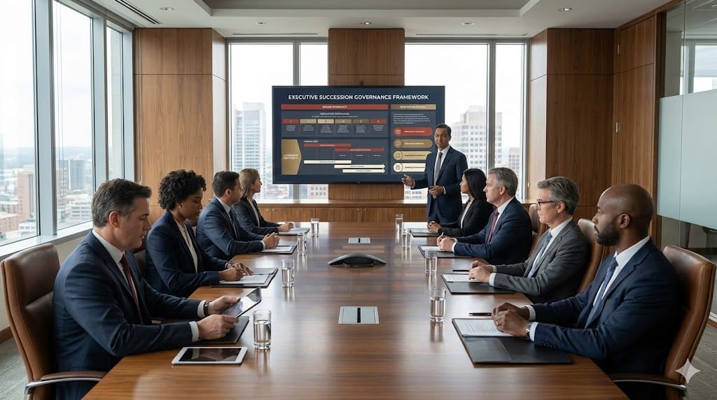 Corporate board members reviewing executive succession governance and regulatory compliance strategy during a formal board meeting.