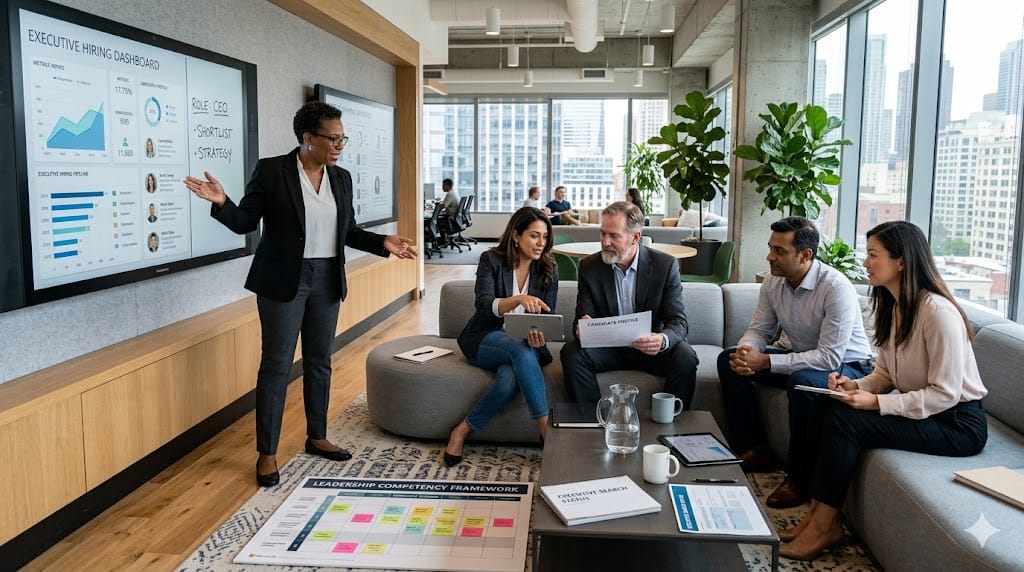 Board members and executives collaborating on executive hiring decisions in a modern office lounge, reviewing documents and digital dashboards