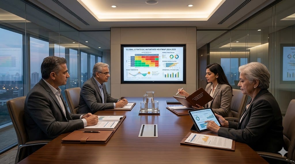 Board members reviewing structured reports and analytics to support informed decision-making in a modern boardroom.